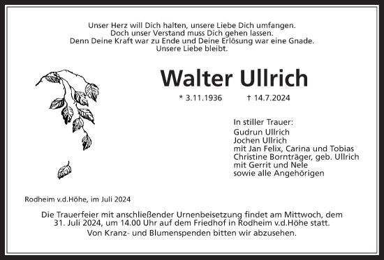 Traueranzeige von Walter Ullrich von Wetterauer Zeitung