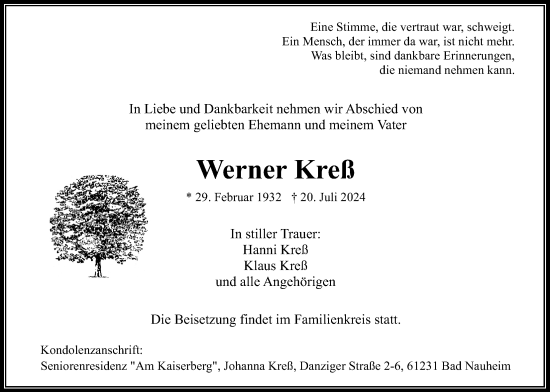 Traueranzeige von Werner Kreß von Wetterauer Zeitung, Kreis-Anzeiger