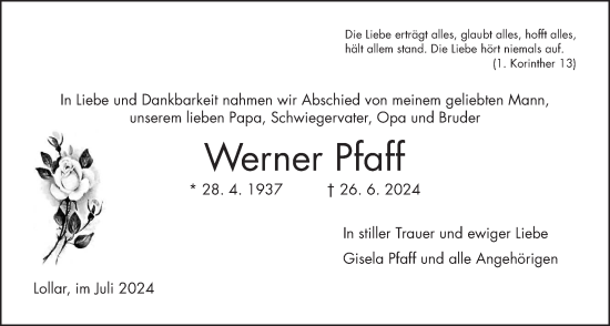 Traueranzeige von Werner Pfaff von Giessener Allgemeine, Alsfelder Allgemeine