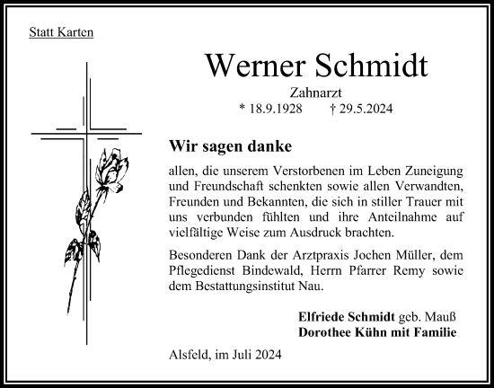 Traueranzeige von Werner Schmidt von Oberhessische Zeitung