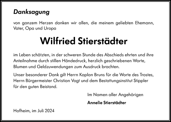 Traueranzeige von Wilfried Stierstädter 