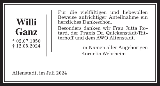 Traueranzeige von Willi Ganz von Kreis-Anzeiger