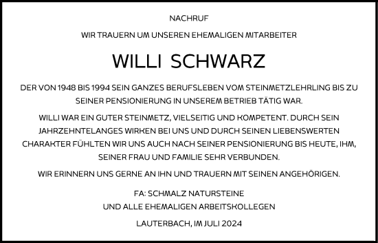 Traueranzeige von Willi Schwarz von Lauterbacher Anzeiger