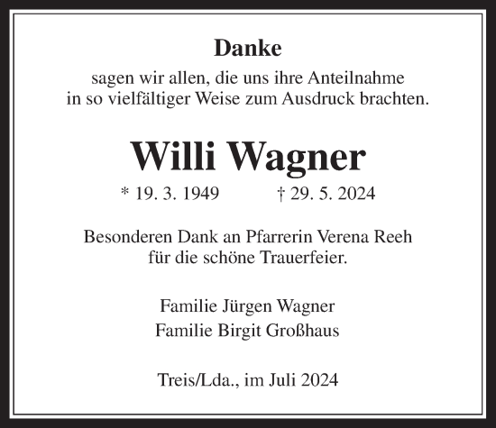 Traueranzeige von Willi Wagner von Giessener Allgemeine, Alsfelder Allgemeine, Giessener Anzeiger