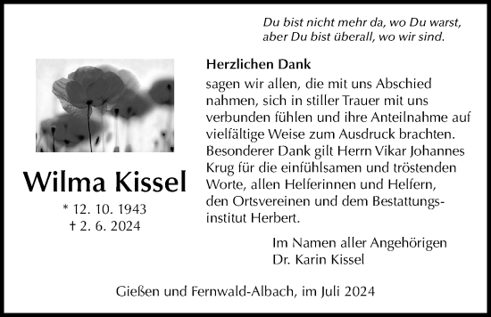 Traueranzeige von Wilma Kissel von Giessener Allgemeine, Alsfelder Allgemeine, Giessener Anzeiger