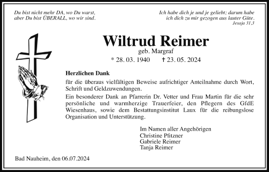 Traueranzeige von Wiltrud Reimer von Wetterauer Zeitung