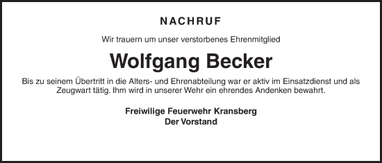 Traueranzeige von Wolfgang Becker von Usinger Anzeiger