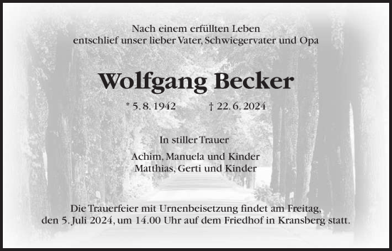 Traueranzeige von Wolfgang Becker von Usinger Anzeiger