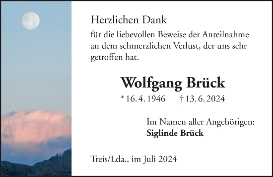 Traueranzeige von Wolfgang Brück von Giessener Allgemeine, Alsfelder Allgemeine, Giessener Anzeiger