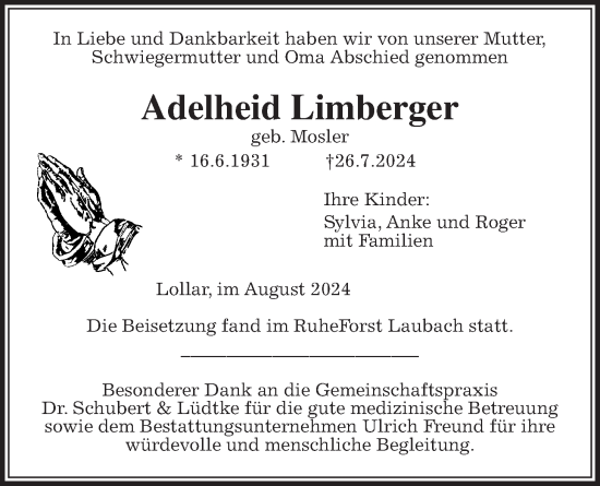 Traueranzeige von Adelheid Limberger von Giessener Allgemeine, Alsfelder Allgemeine