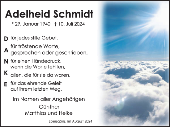 Traueranzeige von Adelheid Schmidt von Butzbacher Zeitung