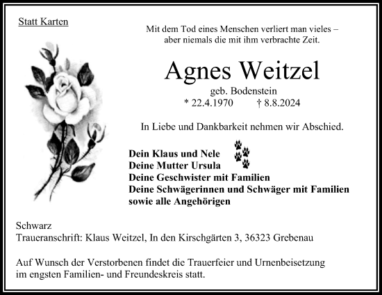 Traueranzeige von Agnes Weitzel von Oberhessische Zeitung