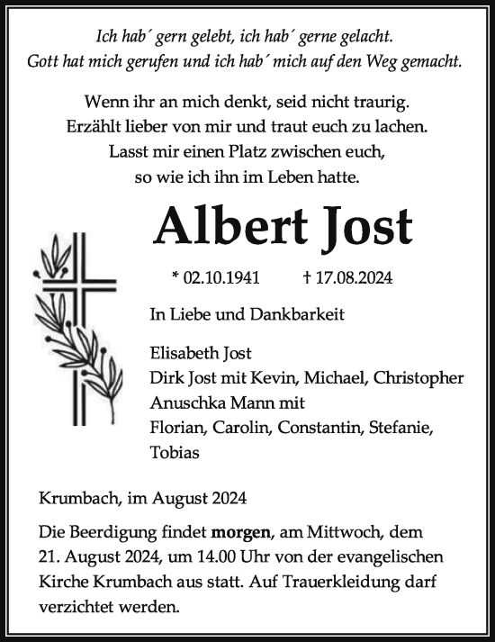 Traueranzeige von Albert Jost von Giessener Allgemeine, Alsfelder Allgemeine