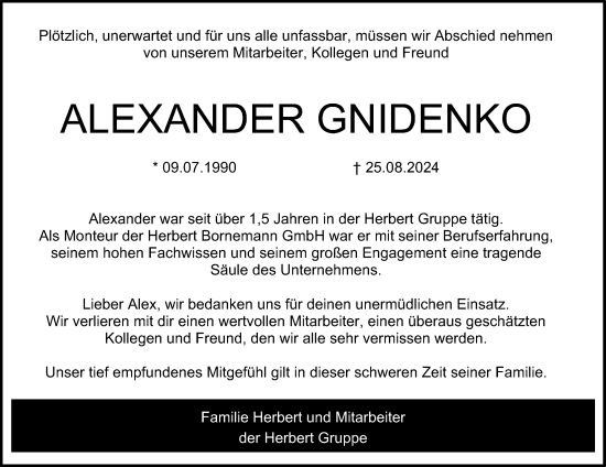 Traueranzeige von Alexander Gnidenko von Wetterauer Zeitung