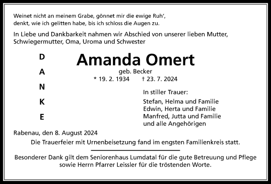 Traueranzeige von Amanda Omert von Giessener Allgemeine, Alsfelder Allgemeine, Rabenauer Zeitung