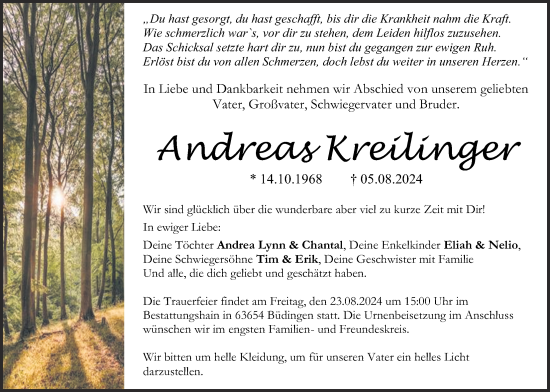 Traueranzeige von Andreas Kreilinger von Kreis-Anzeiger