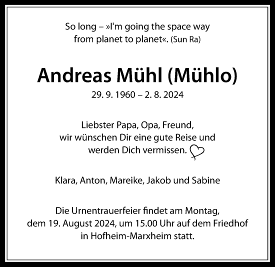 Traueranzeige von Andreas Mühl 