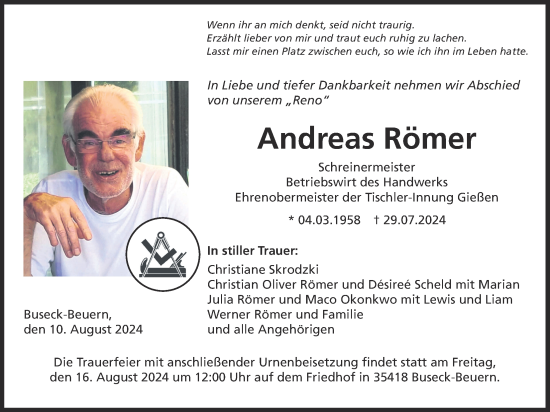 Traueranzeige von Andreas Römer von Giessener Allgemeine, Alsfelder Allgemeine