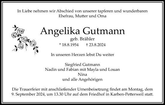 Traueranzeige von Angelika Gutmann von Bad Vilbel/Karben