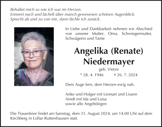 Traueranzeige von Angelika Niedermayer von Giessener Allgemeine, Alsfelder Allgemeine, Giessener Anzeiger