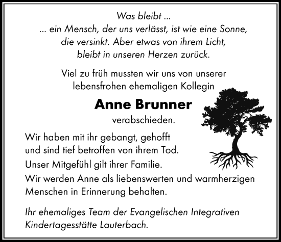 Traueranzeige von Anne Brunner von Lauterbacher Anzeiger