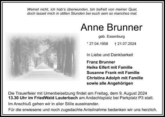 Traueranzeige von Anne Brunner von Lauterbacher Anzeiger
