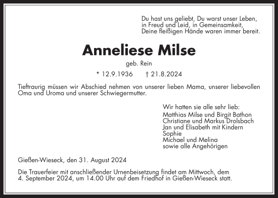 Traueranzeige von Anneliese Milse von Giessener Allgemeine, Alsfelder Allgemeine, Giessener Anzeiger