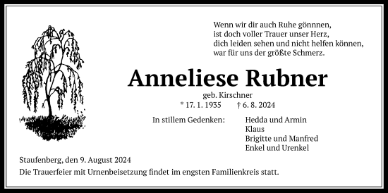 Traueranzeige von Anneliese Rubner von Giessener Anzeiger, Giessener Allgemeine, Alsfelder Allgemeine