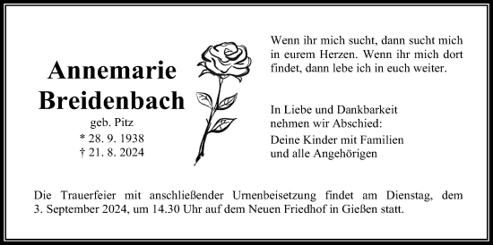 Traueranzeige von Annemarie Breidenbach von Giessener Allgemeine, Alsfelder Allgemeine