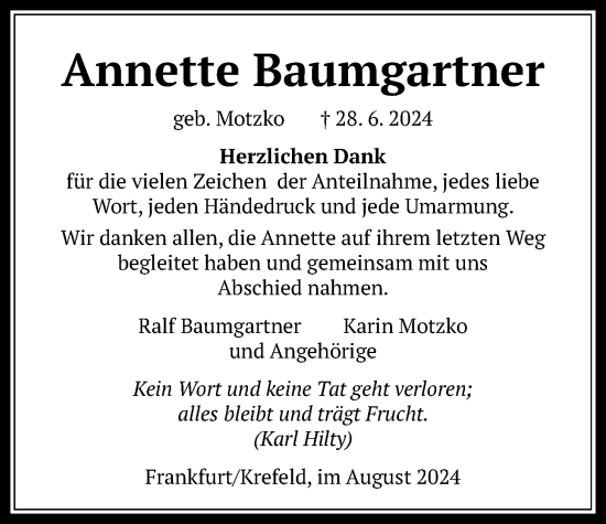 Traueranzeige von Annette Baumgartner von Wetterauer Zeitung, Bad Vilbel/Karben