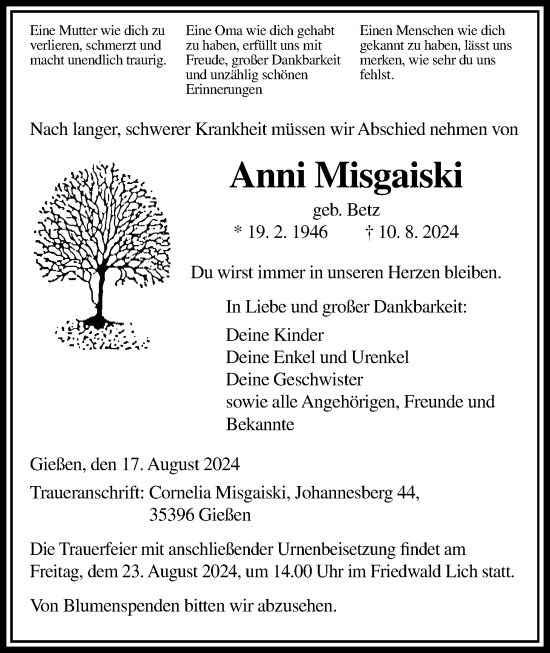 Traueranzeige von Anni Misgaiski von Giessener Allgemeine, Alsfelder Allgemeine, Giessener Anzeiger