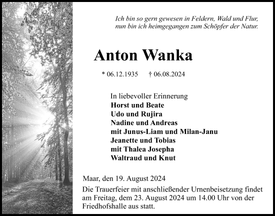Traueranzeige von Anton Wanka von Lauterbacher Anzeiger