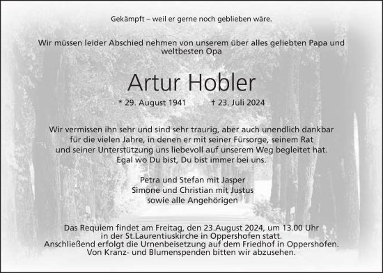 Traueranzeige von Artur Hobler von Wetterauer Zeitung, Butzbacher Zeitung