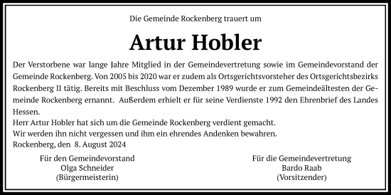 Traueranzeige von Artur Hobler von Wetterauer Zeitung, Butzbacher Zeitung