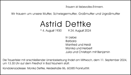 Traueranzeige von Astrid Dettke von Wetterauer Zeitung