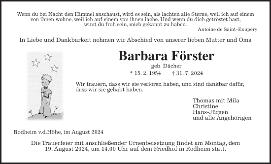 Traueranzeige von Barbara Förster von Wetterauer Zeitung