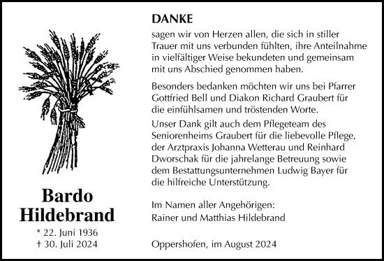 Traueranzeige von Bardo Hildebrand von Wetterauer Zeitung, Butzbacher Zeitung