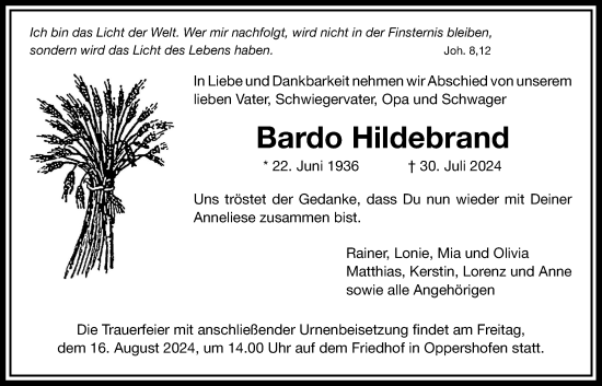 Traueranzeige von Bardo Hildebrand von Wetterauer Zeitung, Butzbacher Zeitung