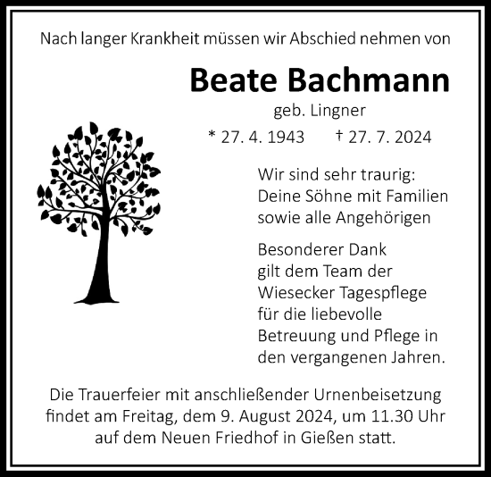 Traueranzeige von Beate Bachmann von Giessener Allgemeine, Alsfelder Allgemeine