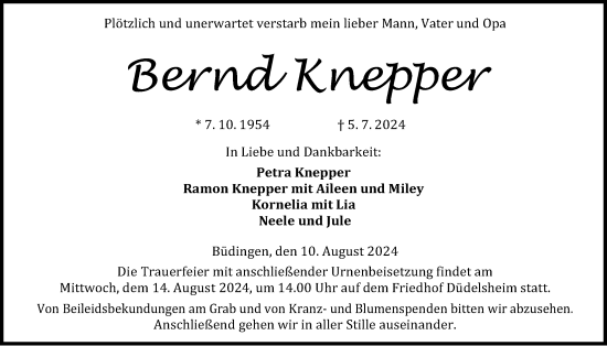 Traueranzeige von Bernd Knepper von Kreis-Anzeiger