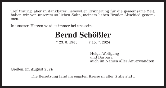 Traueranzeige von Bernd Schößler von Giessener Allgemeine, Alsfelder Allgemeine