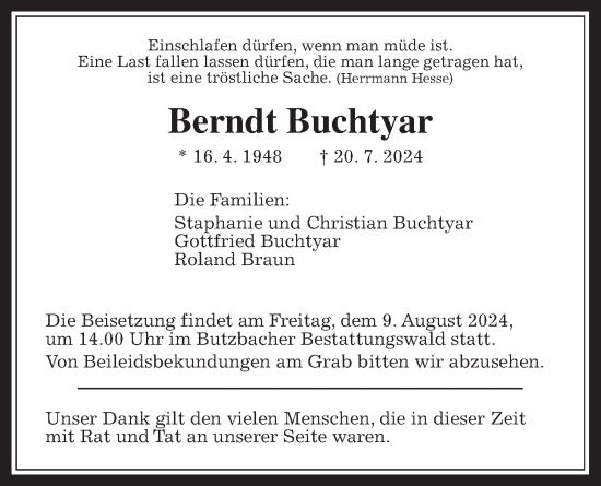Traueranzeige von Berndt Buchtyar von Butzbacher Zeitung