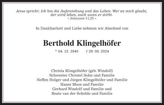Traueranzeige von Berthold Klingelhöfer von Giessener Allgemeine, Alsfelder Allgemeine