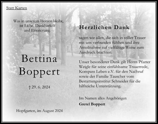 Traueranzeige von Bettina Boppert von Oberhessische Zeitung