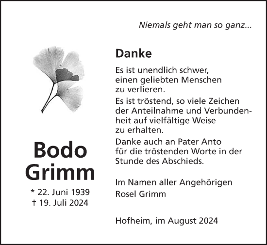 Traueranzeige von Bodo Grimm 