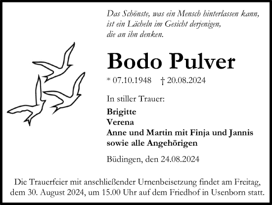 Traueranzeige von Bodo Pulver von Kreis-Anzeiger