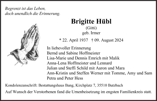 Traueranzeige von Brigitte Hübl von Butzbacher Zeitung
