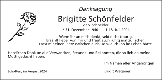 Traueranzeige von Brigitte Schönfelder von Kreis-Anzeiger