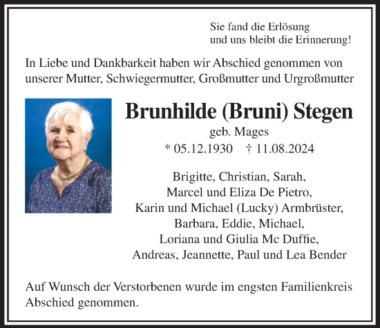 Traueranzeige von Brunhilde Stegen von Wetterauer Zeitung