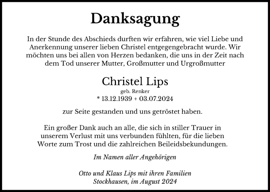 Traueranzeige von Christel Lips von Lauterbacher Anzeiger